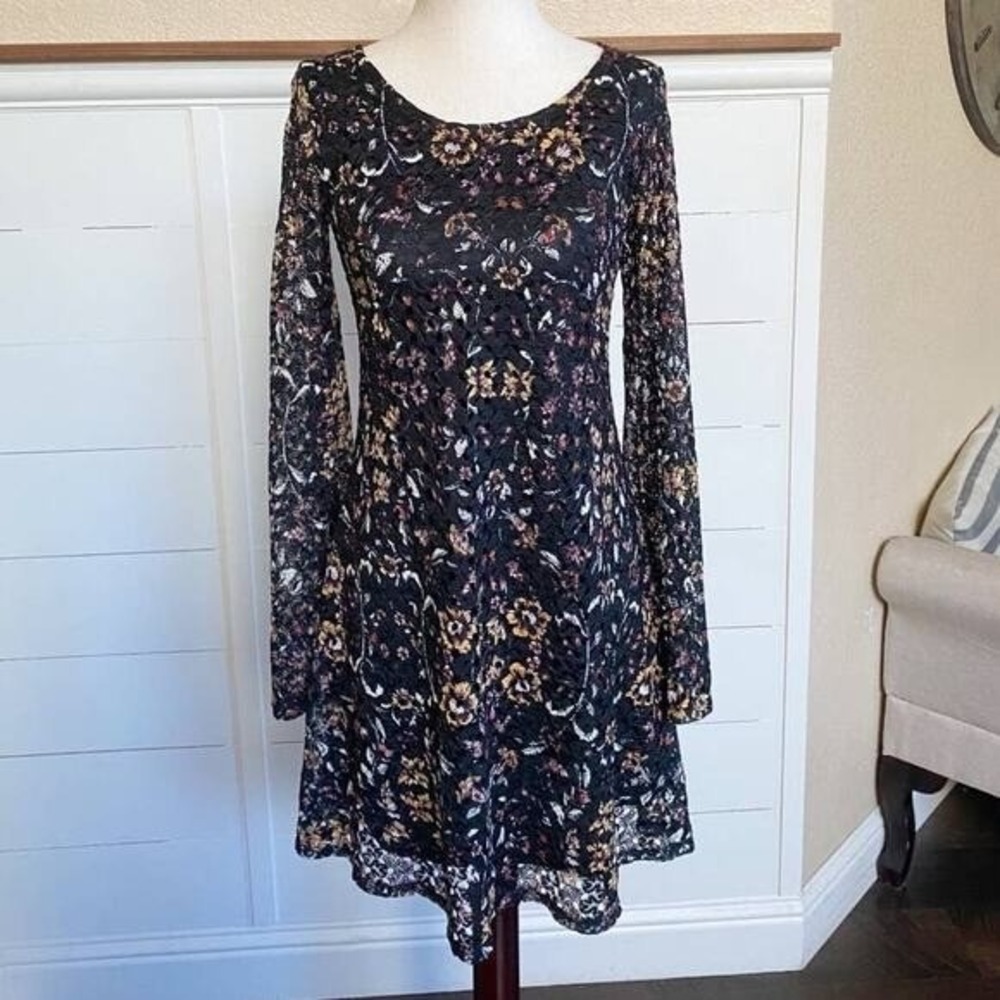 Xhilaration Multicolor Lace Black Floral Lace A-Line Flare Mini Dress Women‎ XS